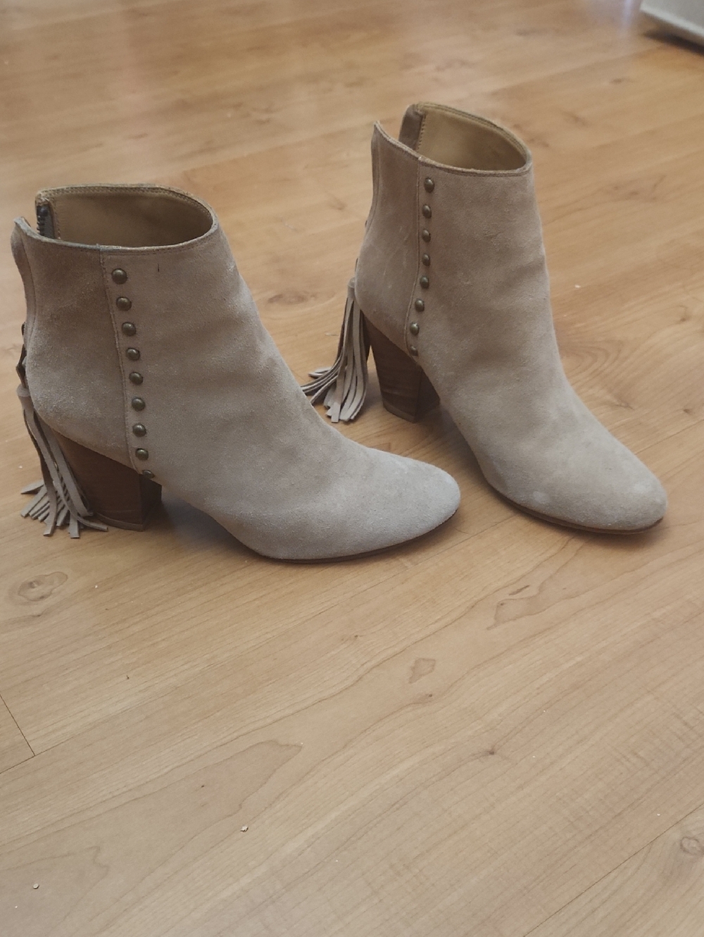 Ulla Johnson Taupe Suede Fringe Ankle Boots with Stud Detailing